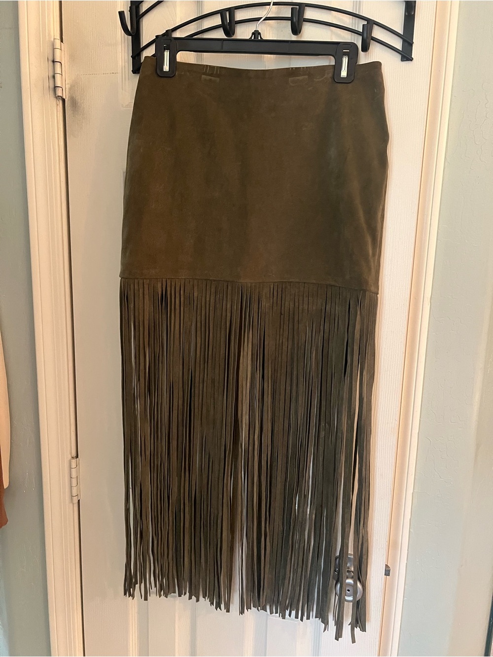 The Perfext olive green suede fringe midi skirt medium